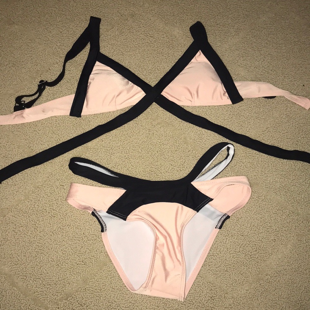 Pink and black strappy bikini set